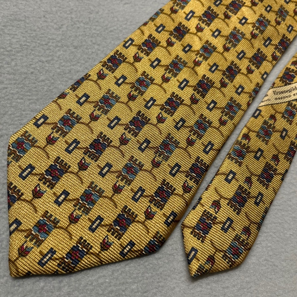 VTG DS Ermenegildo Zegna Silk Tie Gold Geometric Floral Italian shiny premium